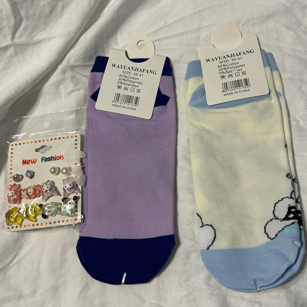 Cute Monster Character Socks and Animal Earrings Set